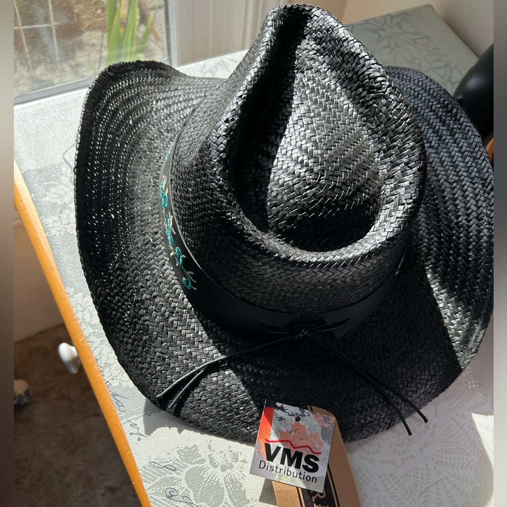 NWT Black Woven Cowboy Hat with Blue Embroidery - Picture 2 of 4